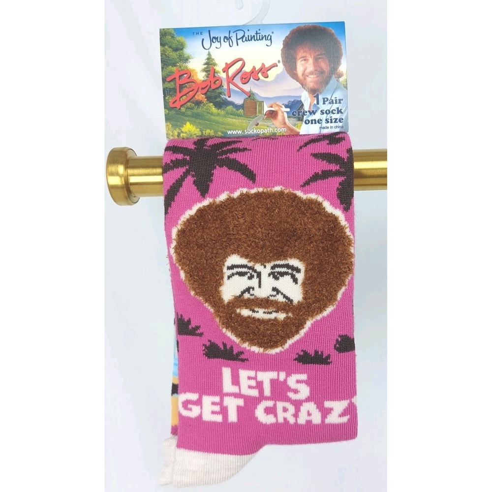 Bob Ross "LET'S‎ GET CRAZY" Novelty Crew Socks 1 Pair One Size Fits Most New